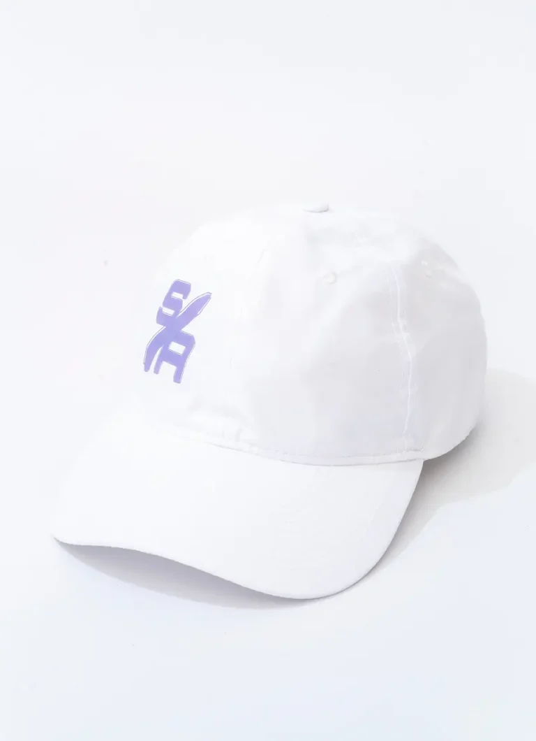 a white hat with a purple logo